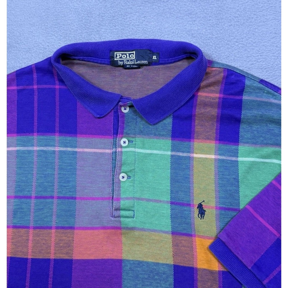 VINTAGE Polo Ralph Lauren Polo Shirt Mens XL Knitted Stretch Plaid Dadcore USA